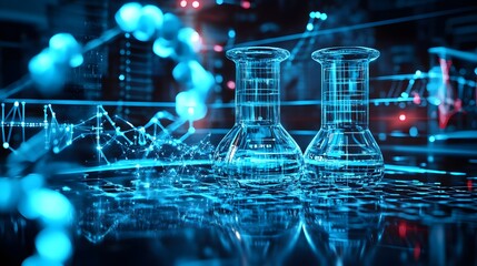 A futuristic scene of a lab researching Trenbolone with virtual displays of muscle growth and chemical structures