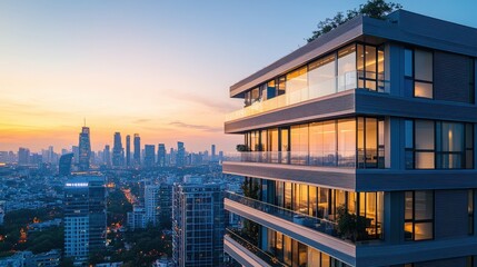 Fototapeta premium Modern apartment building at sunset, overlooking city skyline. Illustrates luxury living, real estate, and urban development.