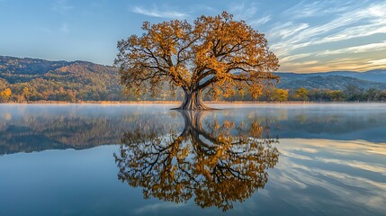Obraz premium Autumn Oak Tree Reflecting in Calm Lake at Dawn