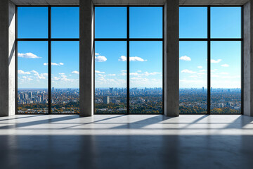 Fototapeta premium Modern interior with large windows showcasing city skyline view. concrete pillars and bright blue sky create spacious and airy atmosphere