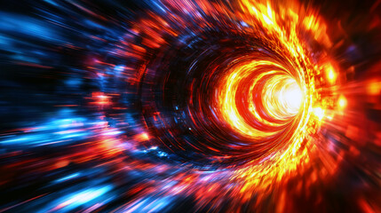Obraz premium Cosmic Tunnel: A vibrant journey through a fiery nebula, showcasing swirling stars and abstract energy. A mesmerizing space art background.