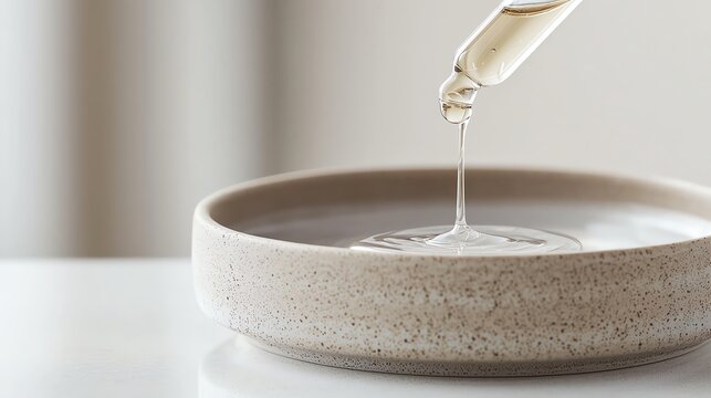 Dropper dispensing liquid into a ceramic bowl on a minimalist surface, representing relaxation and self-care.