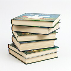 Fototapeta premium stack of green and white hardcover books on white background