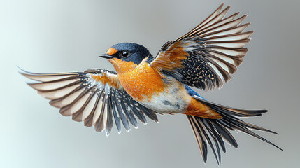 A vibrant, small bird in flight, showcasing detailed plumage of orange, blue, and black feathers against a soft, light background.