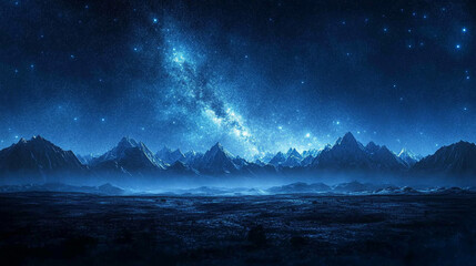 Starry sky over mountains at night with Milky Way galaxy visible in the distance dark blue and white background minimalistic bright tone modern blurred empty blank caption space on the side

