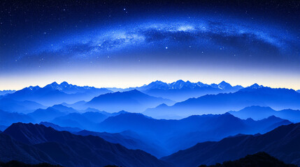 Starry sky over mountains at night with Milky Way galaxy visible in the distance dark blue and white background minimalistic bright tone modern blurred empty blank caption space on the side


