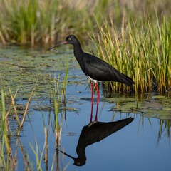 Serenity in Nature: Elegant Black Stilt Amidst Peaceful Wetlands
