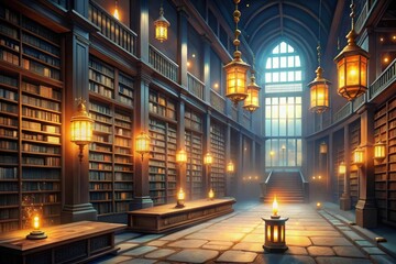 Obraz premium Anime-style depiction of a mystical library with ancient tomes and glowing lanterns, mysticism, library, bookstore, ancient tomes