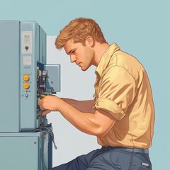 Young Man Repairing Vintage Machinery