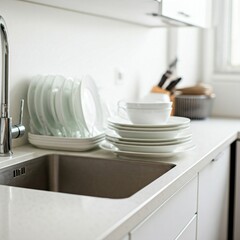 modern white kitchen sink and countertop with clean plates and dishes stacked