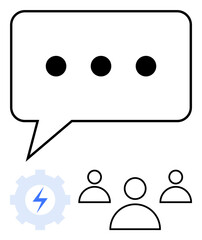 Speech bubble, dots signifying communication, gear with lightning for innovation, group icons for teamwork. Ideal for concepts thumbs up collaboration, discussion, teamwork, innovation, tech