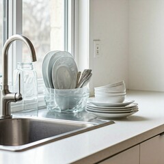 white kitchen sink with dishes and silver faucet near window with white cabinets and countertop