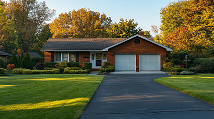 Beautiful suburban home with lush landscaping during autumn afternoon