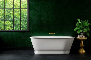 Fototapeta premium Luxurious bathroom interior featuring white bathtub, green wall, and large window. elegant design creates serene atmosphere with natural light and greenery