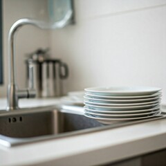 white plates stacked on kitchen counter near sink and faucet