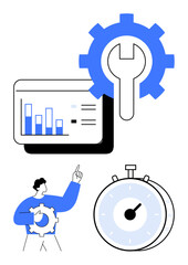 Gear with wrench, bar graph on screen, stopwatch, and worker highlighting efficiency, data-driven decision-making. Ideal for productivity, tech innovations, automation, workflow teamwork strategy