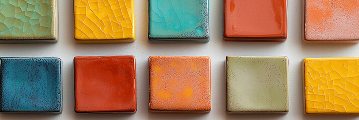 Fototapeta premium A close up of colorful rectangular ceramic tiles, each with its own unique color and texture, arranged in an aesthetically pleasing composition on the tabletop, generative AI