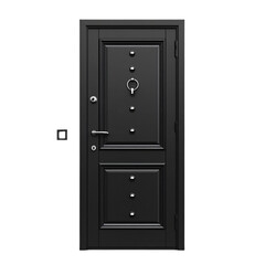 A black door with decorative elements and a keyhole, serving as an entrance or barrier.