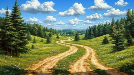 Obraz premium Serene Summer Landscape Winding Dirt Road Through Lush Green Hills and Coniferous Forest