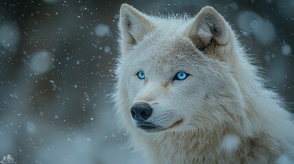 Obraz premium Majestic arctic wolf with piercing blue eyes, amidst a snowy winter scene.