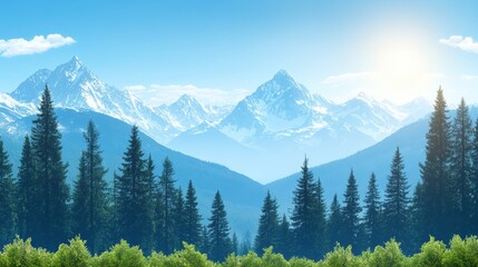 Fototapeta premium Majestic snow-capped mountain range viewed from a coniferous forest