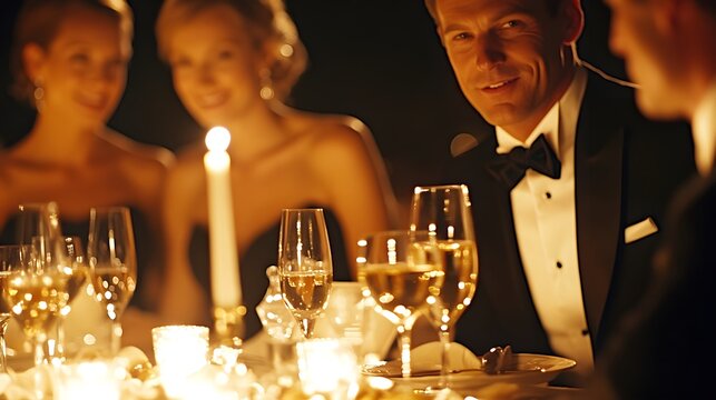 Romantic candlelit dinner party. Elegantly dressed guests enjoy champagne and conversation. Warm, intimate atmosphere.