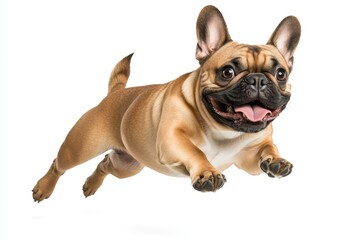 Obraz premium Happy French Bulldog mid-air jump, paws extended. Perfect for pet, energy, and joy themes.