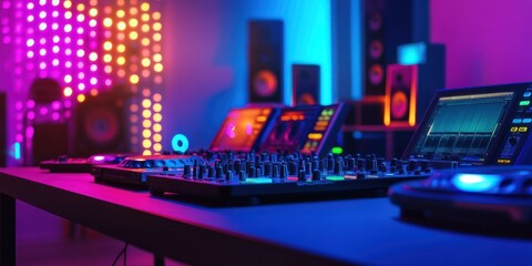Neon lit DJ setup featuring mixing boards, digital displays and speaker stacks creates a vibrant atmosphere