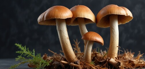 Fototapeta premium Boletus mushroom stem and gills on a dark gray background, gills, dark gray