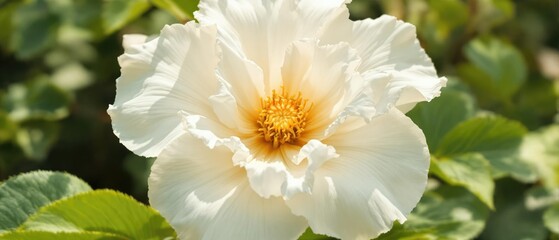 Botanical close-up of white flower featuring vivid orange center and green leaves, blossoming, closeup photography, picturesque setting