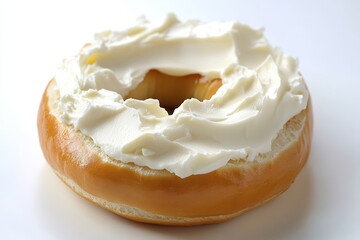 Cream cheese spread on a plain bagel. Perfect for breakfast menus, food blogs, or recipes.