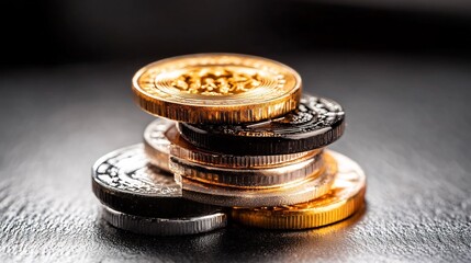 Golden coins stack dramatically lit reflecting dark surface. AI Generated
