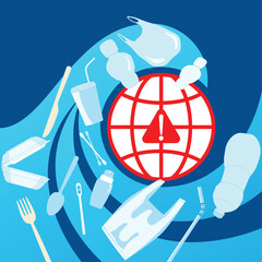 Illustration of epidemic plastic pollution, a globe surrounded by plastic waste like bottle, bag, and cutlery. Ideal for environmental campaign, sustainability topic, and awareness project.