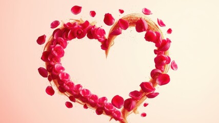 Rose Petals Heart: A delicate heart shape formed by scattered rose petals, a poignant symbol of love and romance against a soft pink backdrop.