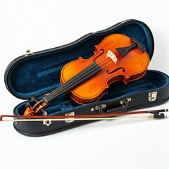 Fototapeta premium violin in black case with blue interior and bow on white background