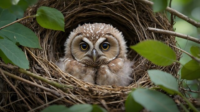 A Forest Owlet Resting Comfortably in Its Hidden Nest of Leaves and Twigs