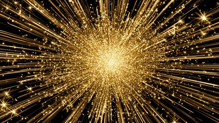 A burst of golden light with sparkling particles radiating outward against a black background.
