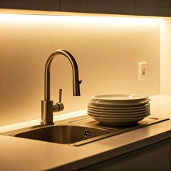 warm minimalist modern kitchen sink with faucet and stacked plates