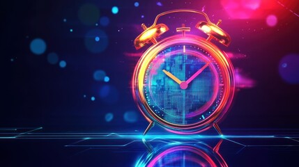 Futuristic alarm clock with digital circuit board design, glowing in vibrant neon colors on dark background.
