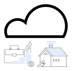 Large cloud above solar-powered house, growing graph with money icons and briefcase. Ideal for technology, sustainable energy, finance, smart home, business, cloud computing, property investment