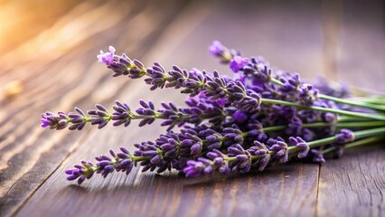 Fototapeta premium Close-up of a single, freshly picked lavender stem with delicate purple buds, herbalism, close-up photography, fresh herbs