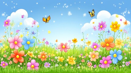 Whimsical Spring Meadow with Colorful Flowers, Bees, and Butterflies