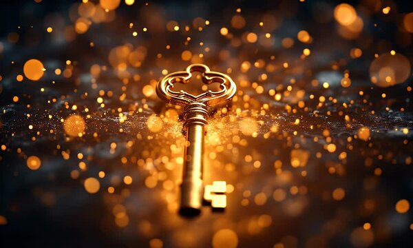 A golden key surrounded by shimmering particles, symbolizing mystery and discovery.