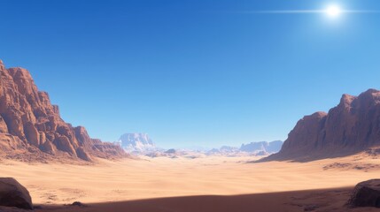 Fototapeta premium Panoramic Desert Landscape Sunlit sandstone mountains frame a vast, sandy expanse under a clear blue sky, ideal for travel, adventure, and environmental background imagery