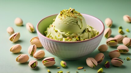 Pistachio ice cream in a bowl with crushed pistachios sprinkled around, dessert themes, food photography, creamy icecream, nutty flavors icecream