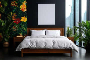 minimalist bedroom featuring large wooden bed frame, white bedding, and vibrant floral wallpaper. room is filled with natural light and greenery, creating serene atmosphere