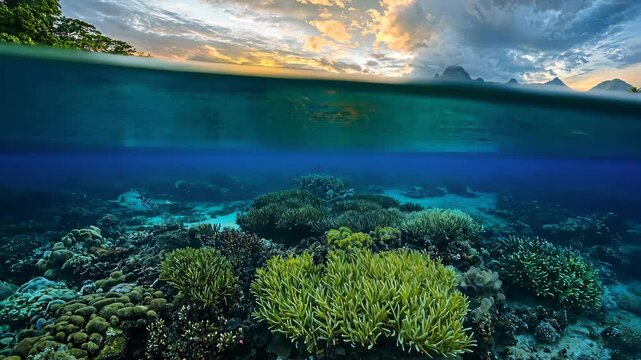 A World Divided: A breathtaking split-level view of a vibrant tropical paradise. The cerulean sky above gives way to a mesmerizing underwater scene.