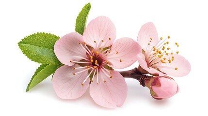 Pink blossoms, spring branch, white background, floral design