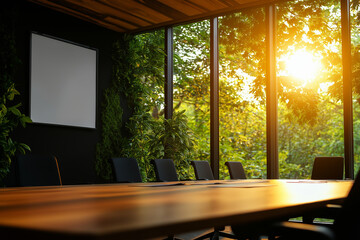 modern conference room with panoramic windows, showcasing greenery and sunlight streaming in, creating warm and inviting atmosphere for meetings