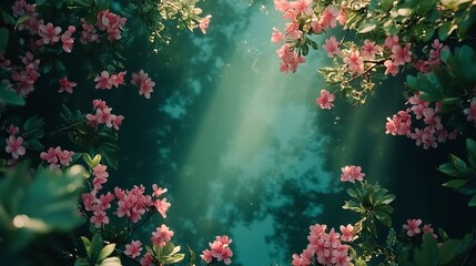 Delicate Pink Flower Blossoming Amidst Lush Green Leaves Under a Bright Blue Sky Creating a Tranquil and Inviting Natural Scene Signifying Beauty and Freshness of Nature in Springtime